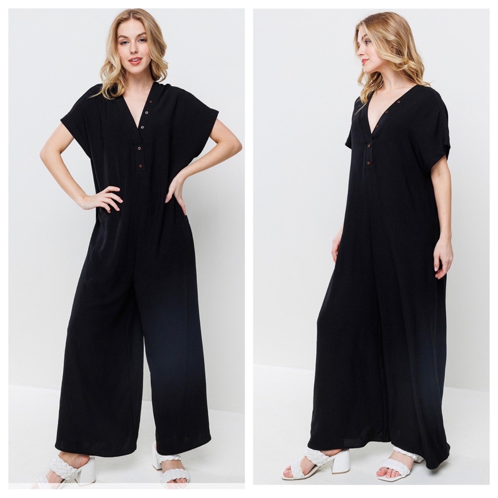 🥰 Boho Fabulous Short Sleeve Wide Leg Button Front Jumpsuit - Picture 3 of 4